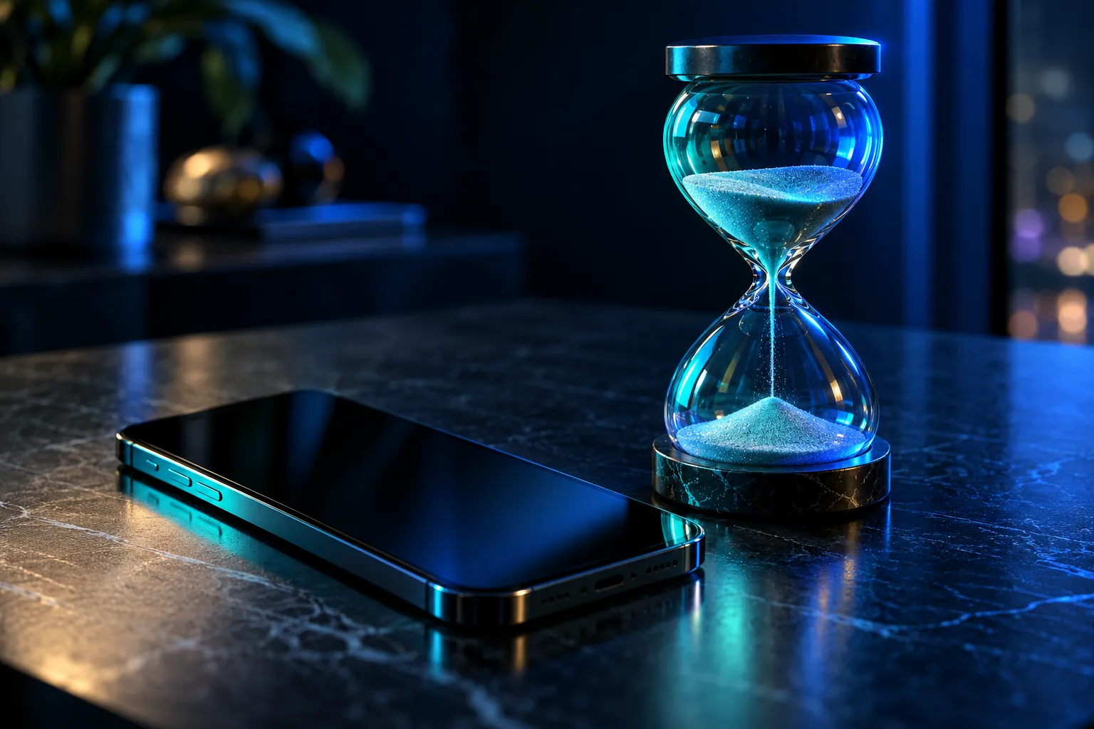 Um celular ao lado de uma ampulheta, sobre uma mesa escura