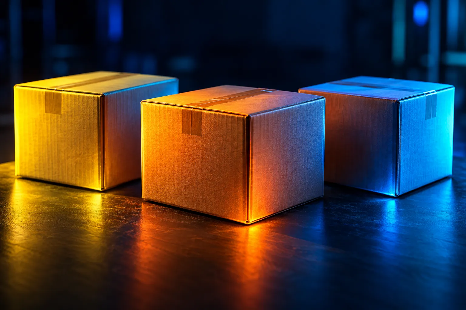 Três caixas de encomenda iluminadas em amarelo, laranja e azul