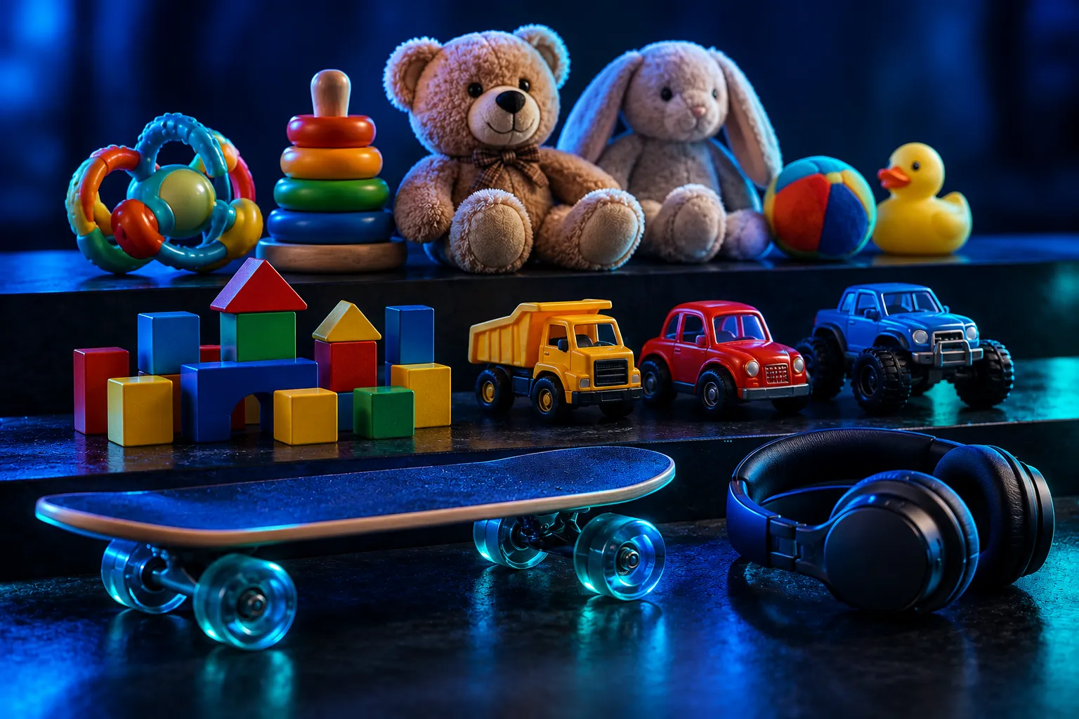 Brinquedos organizados em fileiras, dos de bebê aos de crianças maiores