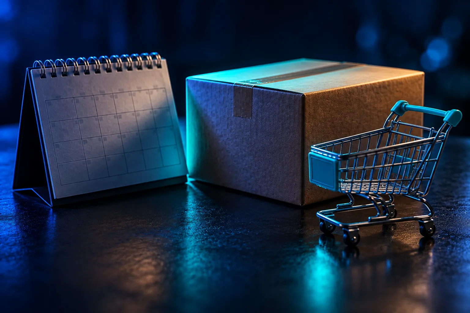 Um calendário de mesa ao lado de uma caixa de encomenda e de um carrinho de compras em miniatura